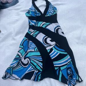 La Belle Black and Blue Swirl Backless Dress